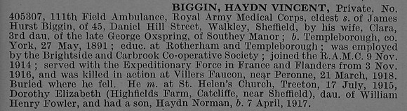 Biggin H V Pte 405307 Royal Army Medical Corps Obit De Ruvignys Roll Of Honour