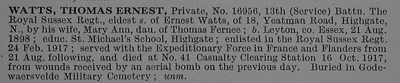 Watts T E Pte 16956 13th Royal Sussex Regiment Obit De Ruvignys Roll Of Honour Vol 4