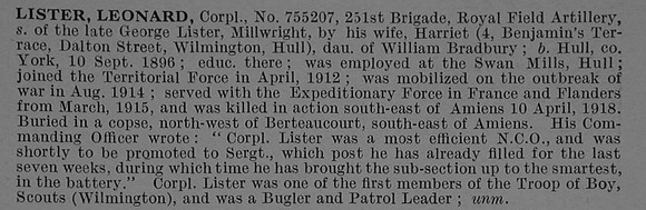 Lister L Cpl 755207 Royal Field Artillery Obit De Ruvignys Roll Of Honour Vol 4