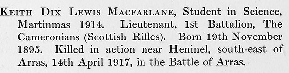 MacFarlane K D L Lt 1st Cameronians Obit St Andrews University Roll Of Honour