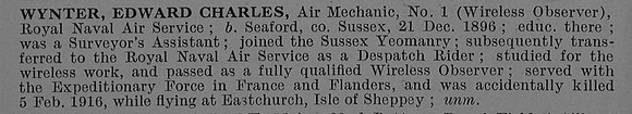Wynter E C Air Mech Royal Naval Air Service Short Obit De Ruvignys Roll Of Honour Vol 4