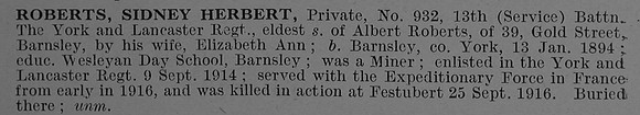 Roberts S H Pte 932 13th York & Lancaster Regiment Short Obit De Ruvignys Roll Of Honour Vol 4