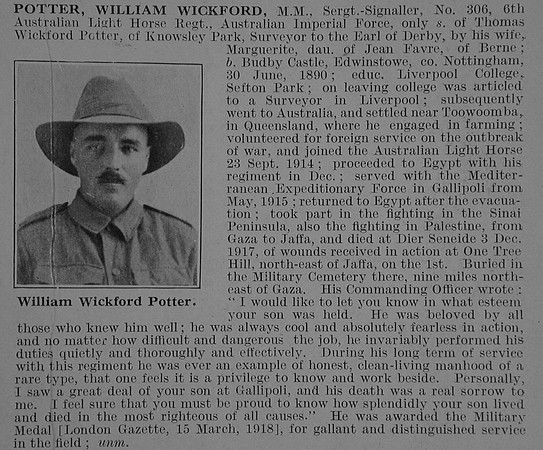 Potter W W Sergt MM 6th Australian Light Horse Obit De Ruvignys Roll Of Honour Vol 3