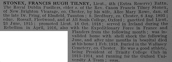Stonex F H T Lt 4th Royal Dublin Fusiliers Obit De Ruvignys Roll Of Honour Vol 4