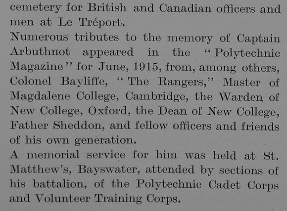 Arbuthnot A H Captain 12th London Regiment Obit Part 4 The Bond Of Sacrifice Vol 2
