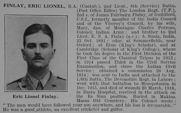 Finlay E L 2nd Lt 8th London Regiment Obit De Ruvignys Roll Of Honour Vol 3