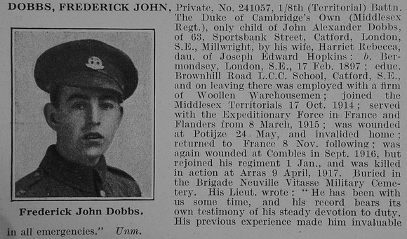 Dobbs F J Pte 8th Middlesex Regiment Obit De Ruvignys Roll Of Honour Vol 3