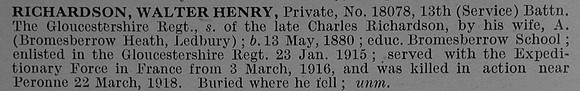 Richardson W H Pte 18078 13th Gloucestershire Regiment Short Obit De Ruvignys Roll Of Honour Vol 4
