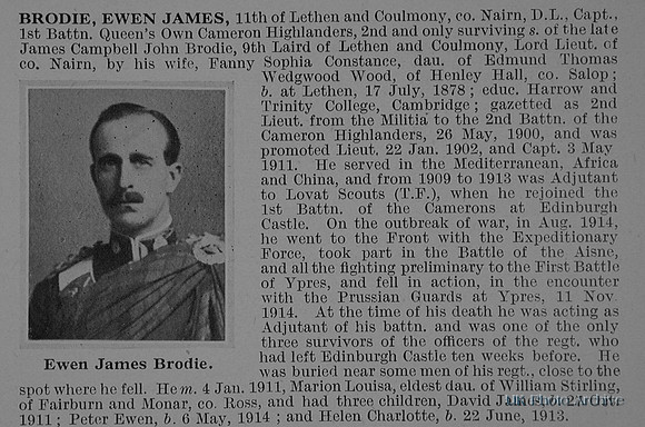 Brodie E J 1st Cameron Highlanders Obituary De Ruvignys Roll Of Honour Vol 1