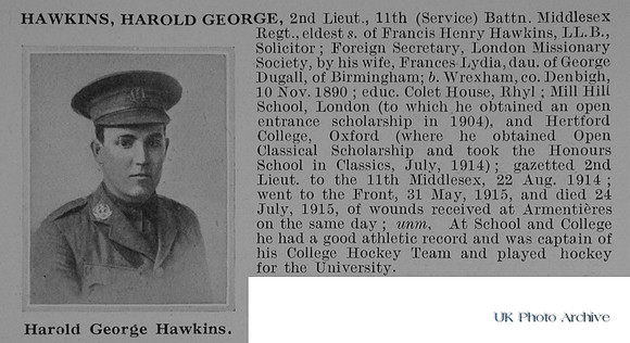 Hawkins H G 2nd Lt 11th Middlesex Regiment Obit