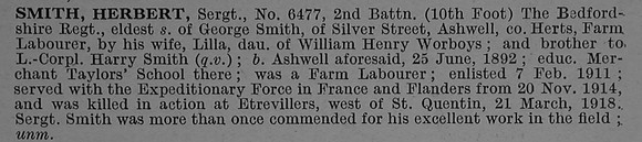 Smith H Sergt 6477 2nd Bedfordshire Regiment Obit De Ruvignys Roll Of Honour Vol 4