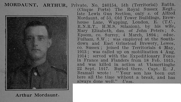 Mordaunt A Pte 240154 5th Royal Sussex Regiment Obit De Ruvignys Roll Of Honour Vol 4
