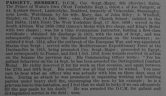 Padgett H Coy Sergt Maj DCM 3-9540 9th West Yorkshire Regiment (Prince of Wales's Own) Obit De Ruvignys Roll Of Honour Vol 4