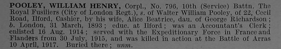 Pooley W H Cpl 796 10th Royal Fusiliers Short Obit De Ruvignys Roll Of Honour Vol 4