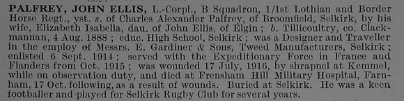 Palfrey J E L/Cpl 1679 Lothians and Border Horse Obit De Ruvignys Roll Of Honour Vol 4