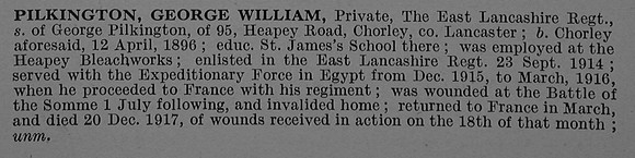 Pilkington G W Pte 15862 8th East Lancashire Regiment Obit De Ruvignys Roll Of Honour Vol 4