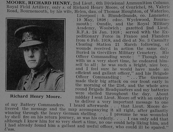 Moore R H 2nd Lt Royal Field Artillery Obit De Ruvignys Roll Of Honour Vol 5