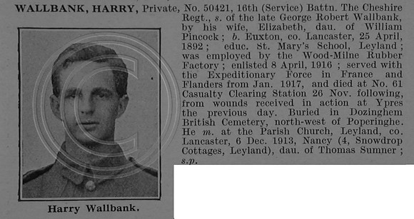 Wallbank H Pte 50421 16th Cheshire Regiment Obit De Ruvignys Roll Of Honour Vol 4