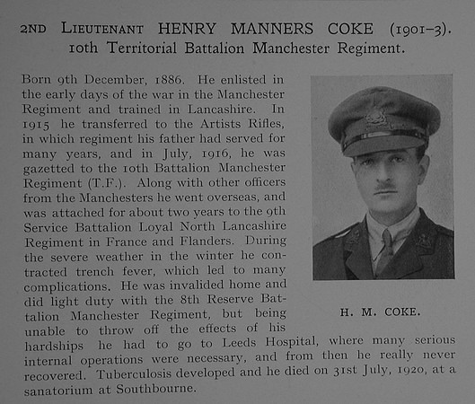 Coke H M 2nd Lt 10th Manchester Regiment Obit Dulwich College Roll Of Honour