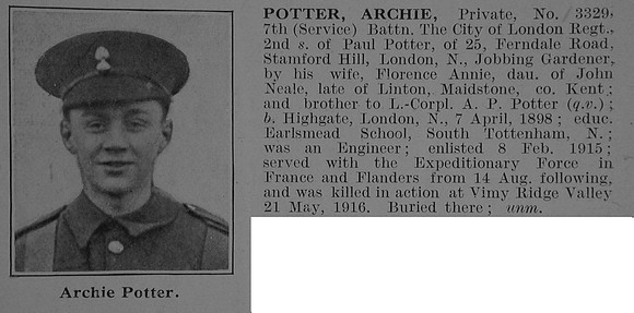 Potter A Pte 7th London Regiment Obit De Ruvignys Roll Of Honour Vol 3