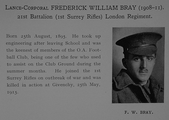 Bray F W LCpl 21st London Regiment Obit Dulwich College Roll Of Honour