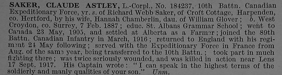 Saker C A L/Cpl 184237 10th Canadian Infantry (Alberta Regiment) Obit De Ruvignys Roll Of Honour Vol 4