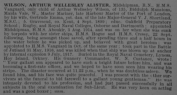 Wilson A W A Midshipman HMS Vanguard Royal Navy Obit De Ruvignys Roll Of Honour Vol 4