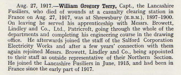 Terry W G Captain 8th  Lancashire Fusiliers Obituary Shrewsbury School Roll Of Service 1914-1918 1921