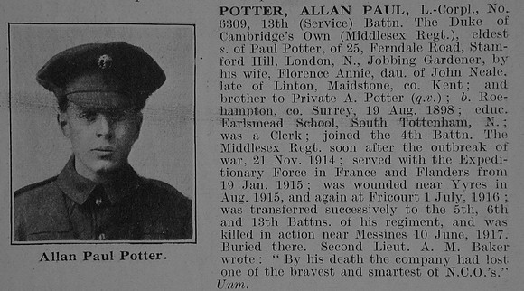 Potter A P L/Cpl 13th Middlesex Regiment Obit De Ruvignys Roll Of Honour Vol 3