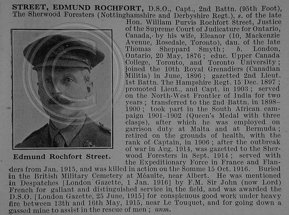Street E R Captain DSO 2nd Sherwood Foresters (Notts and Derby Regiment) Obit De Ruvignys Roll Of Honour Vol 4