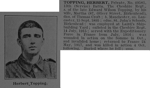 Topping H Pte 49581 13th Cheshire Regiment Obit De Ruvignys Roll Of Honour Vol 3