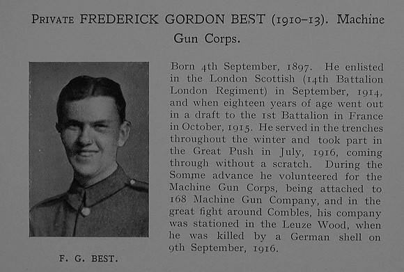 Best F G Pte Machine Gun Corps Obit Dulwich College Roll Of Honour