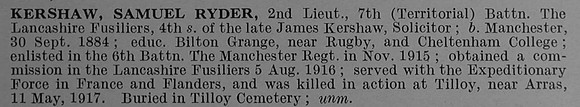 Kershaw S R 2nd Lt 7th Lancashire Fusiliers Obit De Ruvignys Roll Of Honour Vol 4