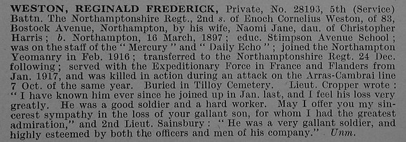 Weston R F Pte 28193 5th Northamptonshire Regiment Obit De Ruvignys Roll Of Honour Vol 4