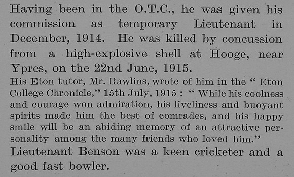 Benson H C Lt 9th Rifle Brigade Obit Part 2 The Bond Of Sacrifice Vol 2