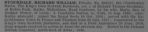 Stockdale R W Pte 202157 8th Kings Own Scottish Borderers Obit De Ruvignys Roll Of Honour Vol 4
