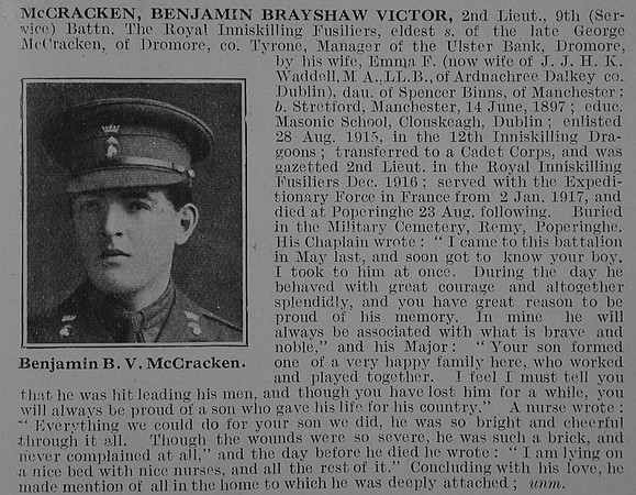 McCracken B B V 2nd Lt 9th Royal Inniskilling Fusiliers Obit De Ruvignys Roll Of Honour Vol 3