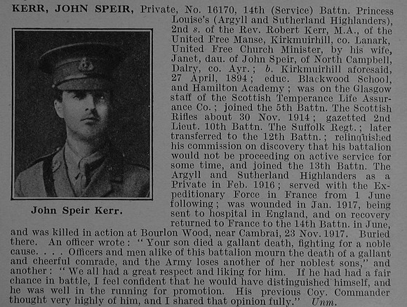 Kerr J S Pte 16170 14th Argyll & Sutherland Highlanders Obit De Ruvignys Roll Of Honour Vol 4