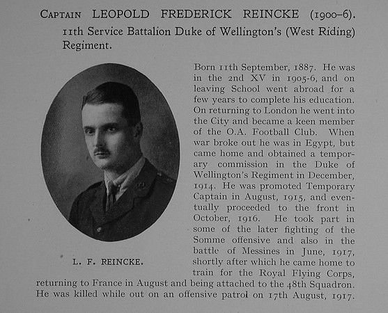 Reincke L F Captain 11th West Riding Regiment Obit Dulwch College Roll Of Honour