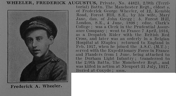 Wheeler F A Pte 44823 9th Manchester Regiment Obit De Ruvignys Roll Of Honour Vol 3