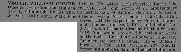 Verth W C Pte 43445 11th Cameron Highlanders Obit De Ruvignys Roll Of Honour Vol 4