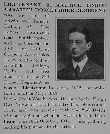 Bishop E M Lt 3rd Dorsetshire Regiment Obit The Bond Of Sacrifice Vol 1