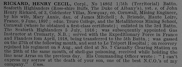 Rickard H C Cpl 14862 5th Seaforth Highlanders Obit De Ruvignys Roll Of Honour Vol 4