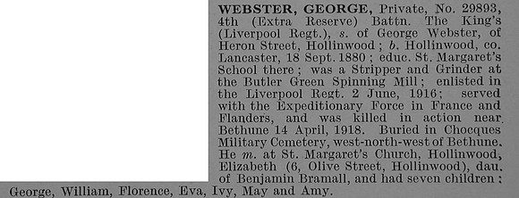 Webster G Pte 29893 4th Kings Liverpool Regiment Obit De Ruvignys Roll Of Honour Vol 4