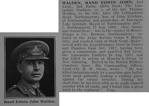 Walden R E J 2nd Lt 2nd Lancashire Fusiliers Obit De Ruvignys Roll Of Honour Vol 3