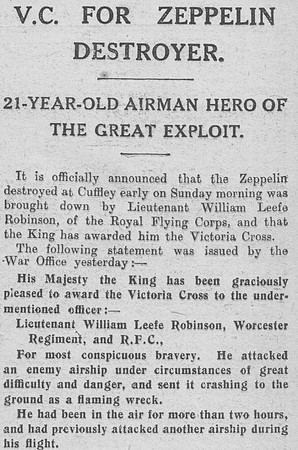 Robinson W L Lt RFC VC Zeppelin Destroyer Part 1 The Graphic 6th Sep 1916