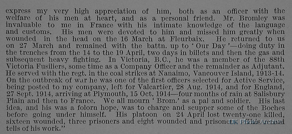 Bromley H A Lt 7th Canadian Infantry Obituary Part 2 De Ruvignys Roll Of Honour Vol 1