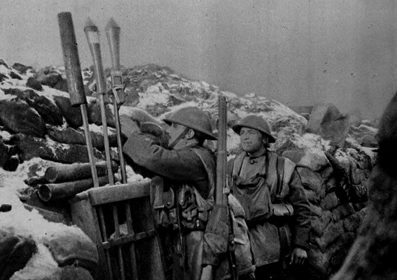 A British Front LineTrench Firing A Rocket As A Signal To The Artillery