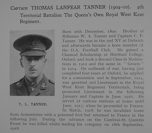 Tanner T L Captain Queens Own Royal West Kent Regiment Obit Dulwich College Roll Of Honour