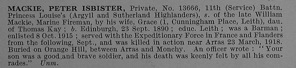 Mackie P I Pte 13666 11th Argyll & Sutherland Highlanders Obit De Ruvignys Roll Of Honour Vol 4